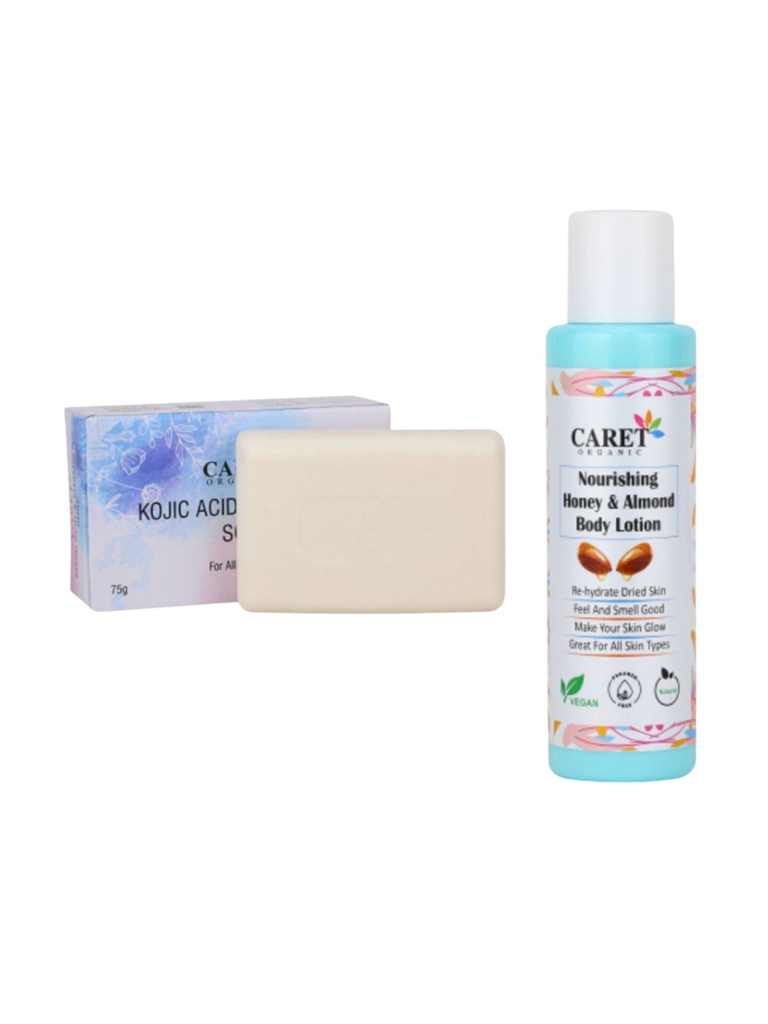 

CARET ORGANIC Set Of 2 Kojic Acid Soap - 75 g & Almond Body Lotion - 100 ml, White