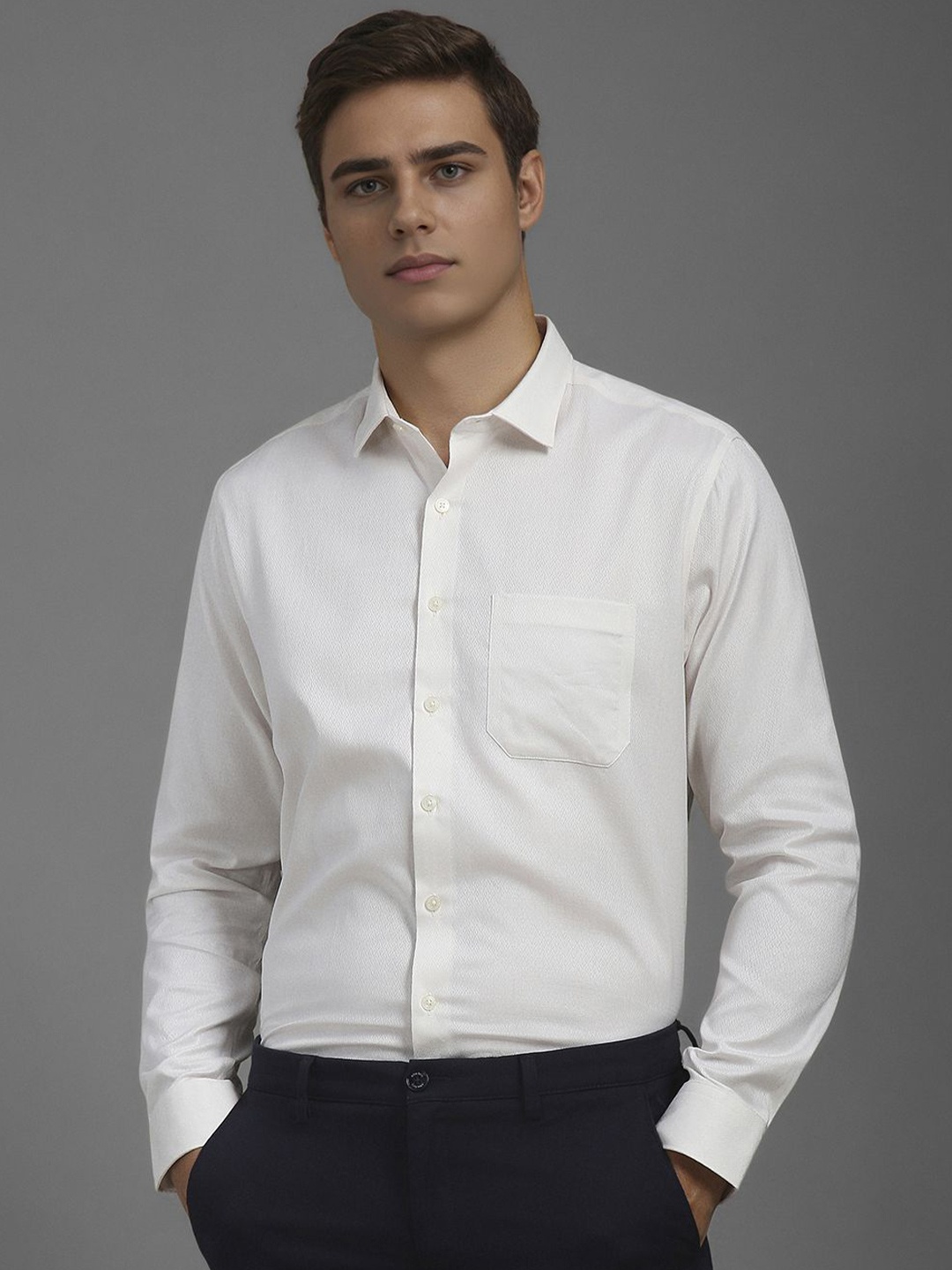 

Louis Philippe Men Slim Fit Spread Collar Textured Cotton Formal Shirt, White