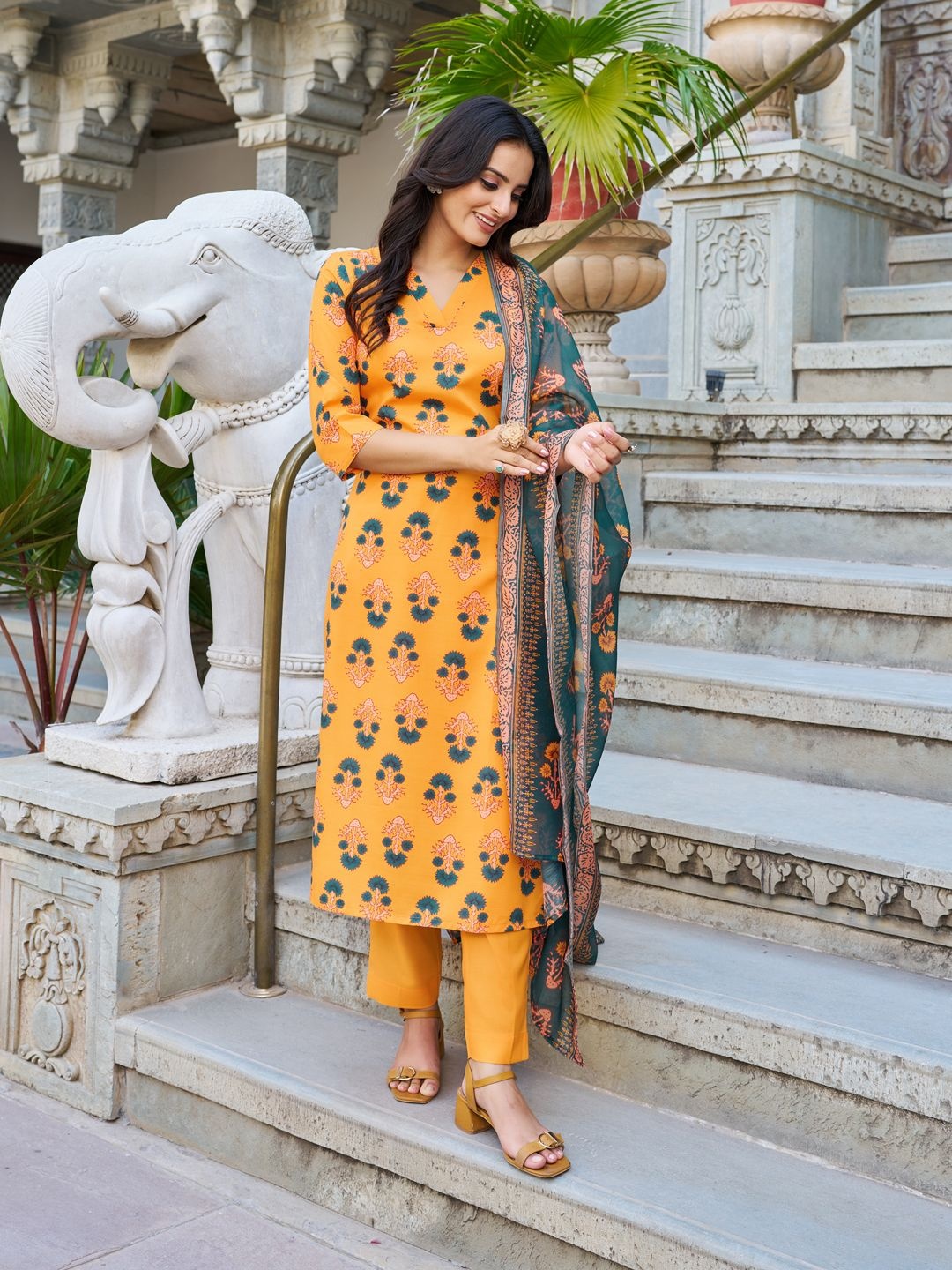 

Moda Rapido Floral Printed V-Neck Straight Kurta With Trouser And Dupatta, Yellow