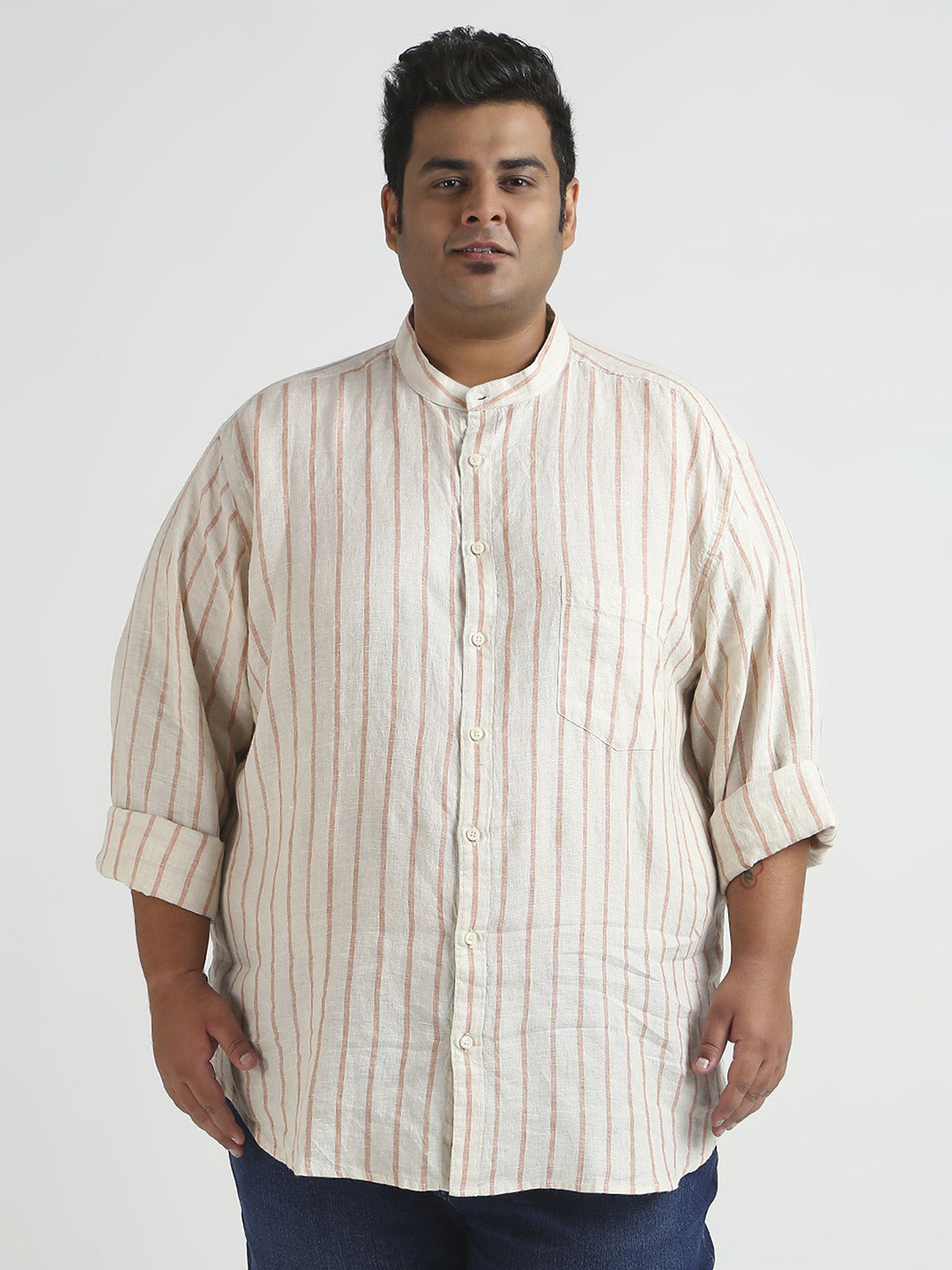 

Sizeupp Men Plus Size Standard Fit Mandarin Collar Vertical Striped Linen Casual Shirt, Beige