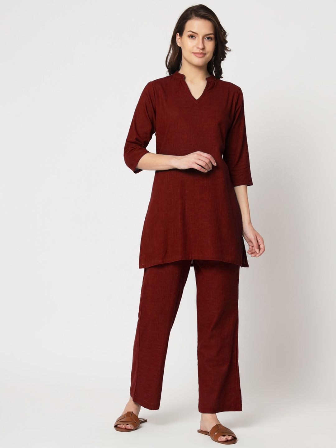 

Thevasa Mandarin Collar Pure Cotton Tunic With Trouser, Red