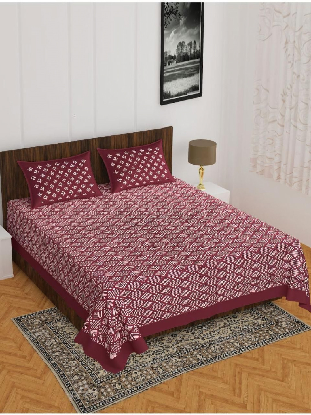 

Aura Maroon & White Geometric 144 TC Queen Bedsheet with 2 Pillow Covers