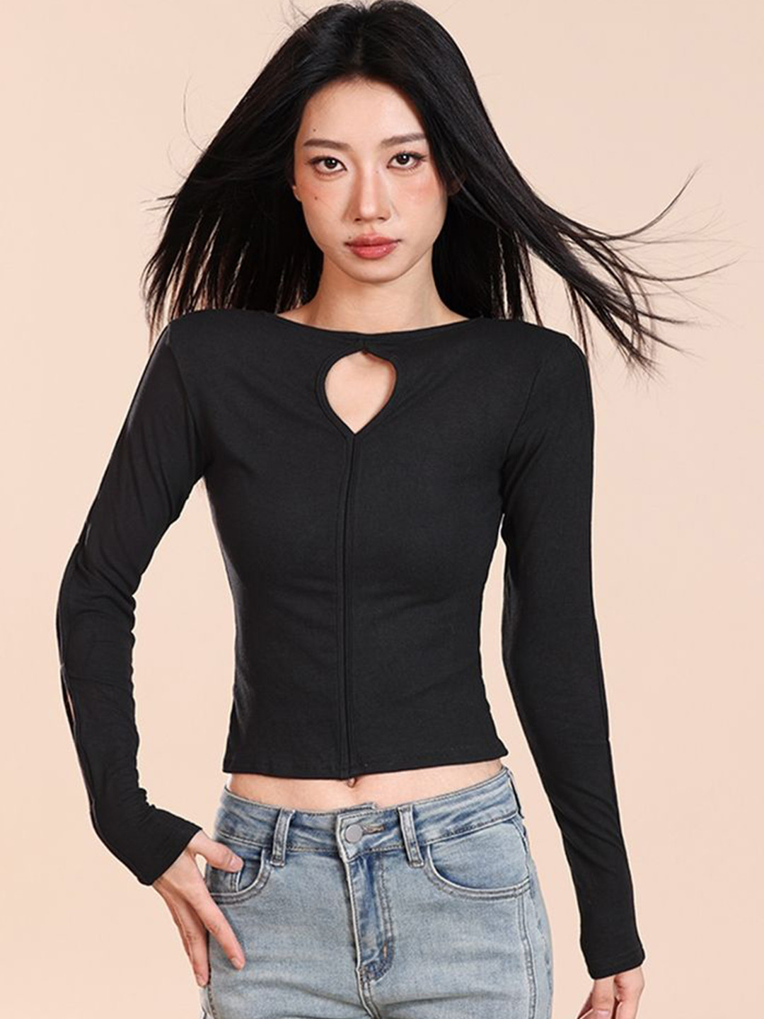 

LULU & SKY Cut-out Detail Boat Neck Crop Top, Black