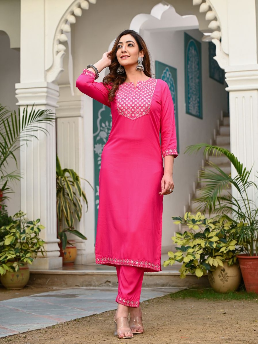 

Moda Rapido Women Embroidered Regular Thread Work Kurta with Trousers, Pink