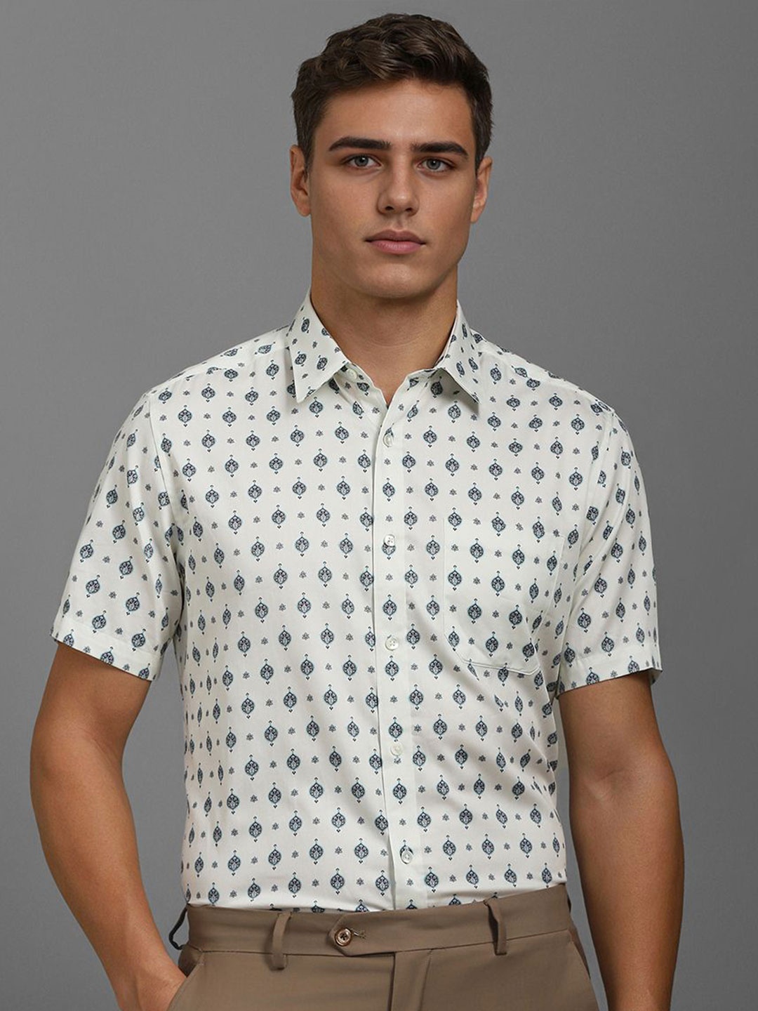 

Louis Philippe Men Classic Fit Spread Collar Conversational Printed Cotton Formal Shirt, White