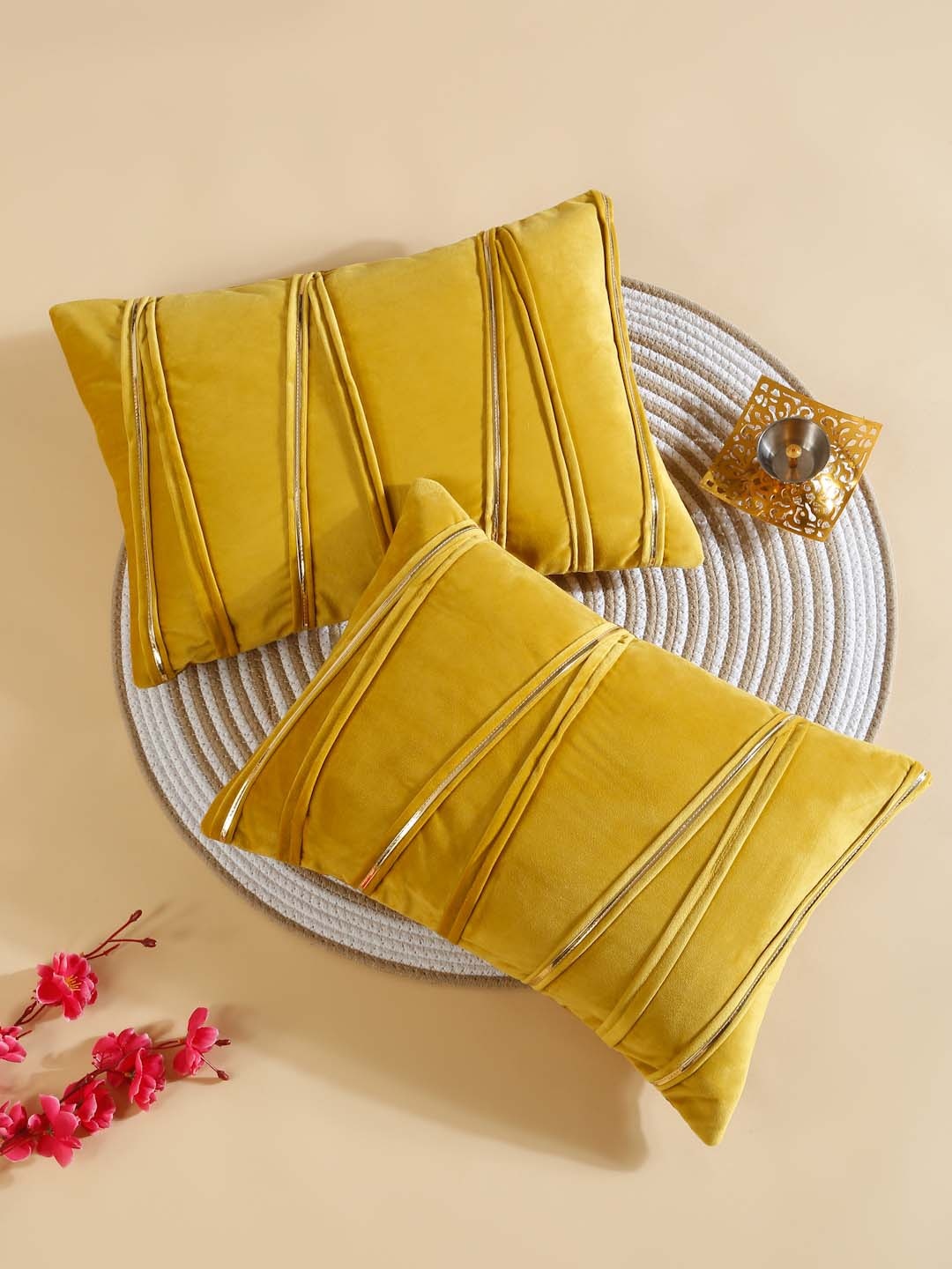 

HOSTA HOMES Yellow 2 Pieces Patch Striped Velvet Rectangle Cushion Covers