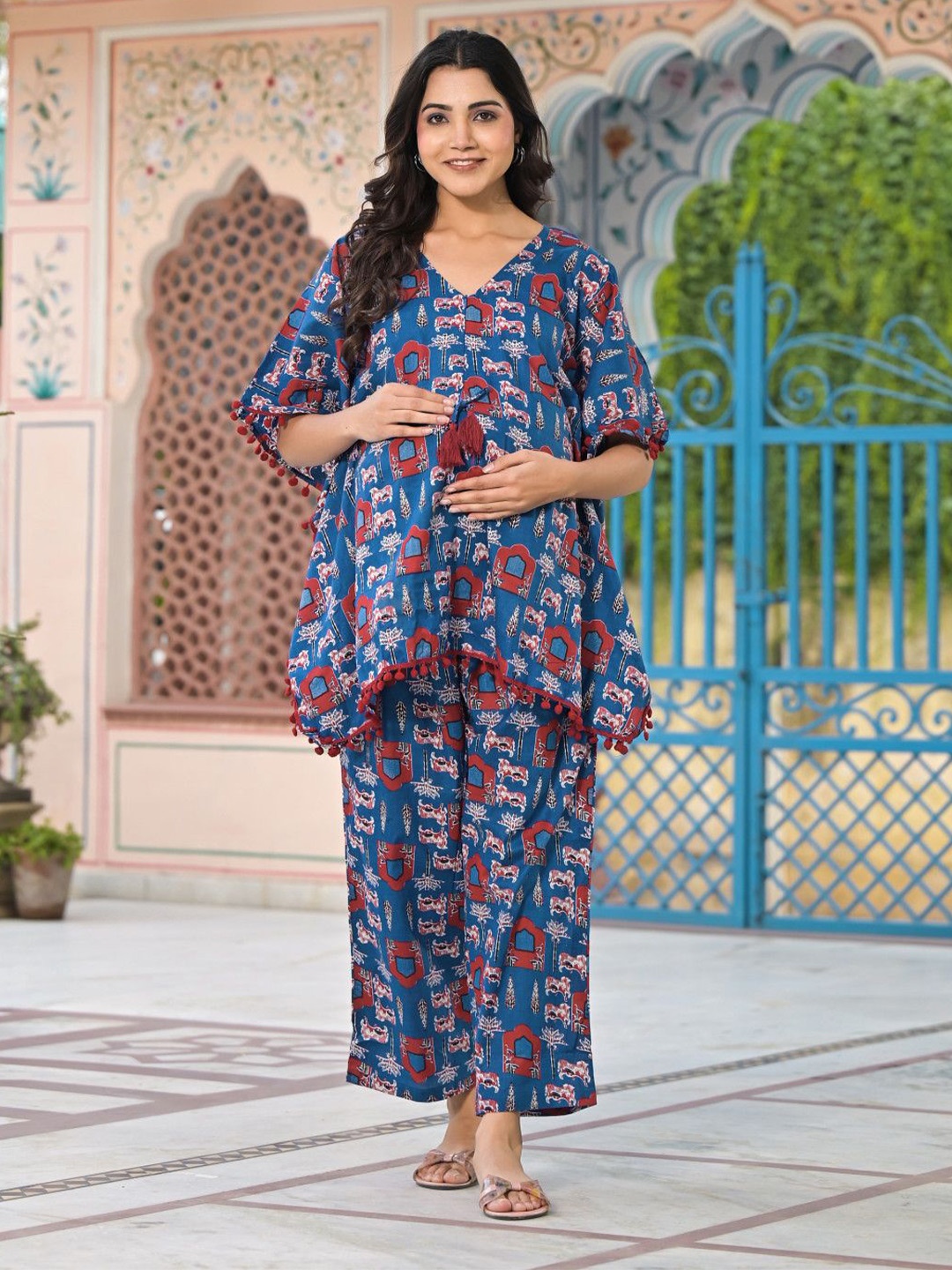 

Aujjessa Women Printed Cotton Maternity Co-Ords, Blue