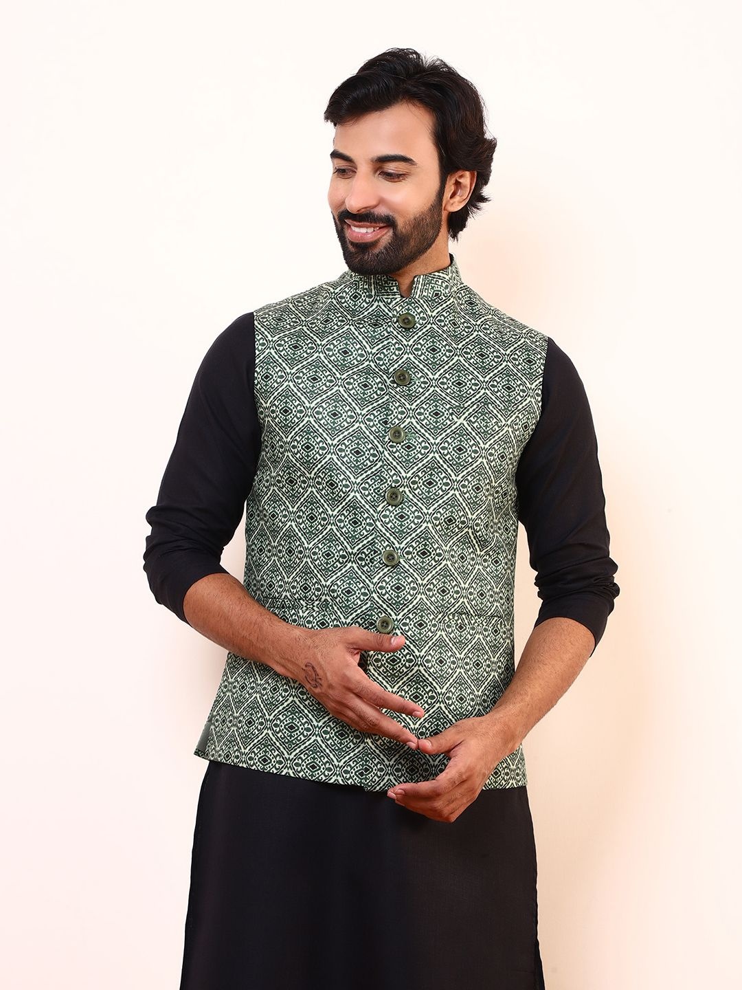 

Satwaa Ethnic Motifs Printed Nehru Jacket, Green