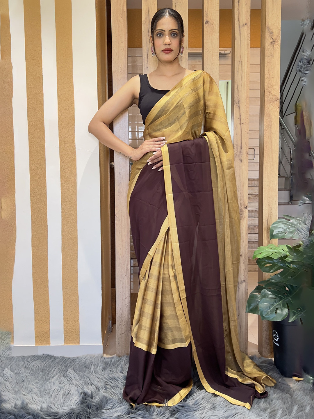 

ZIBLON Striped Ready to Wear Saree, Yellow