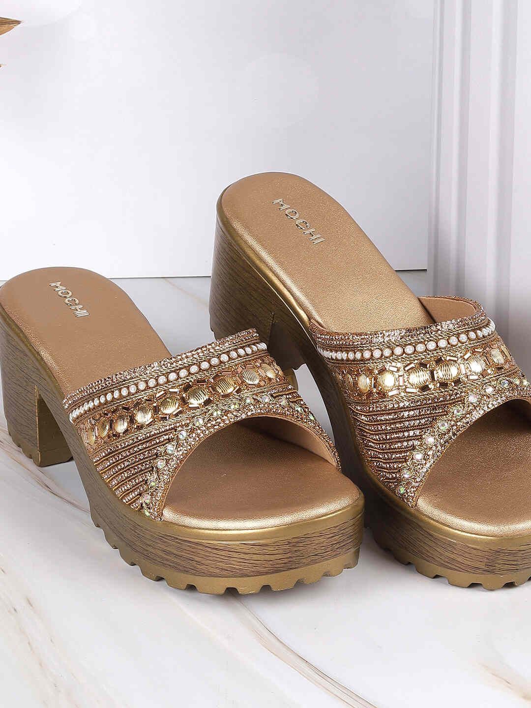 

Mochi Women Embellished Block Sandals, Gold