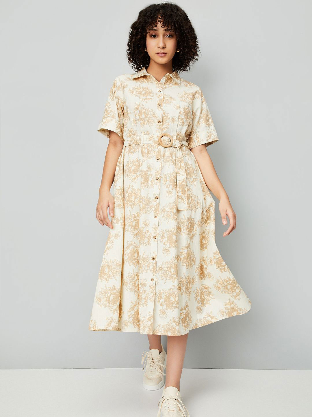 

max Floral Print Shirt Midi Dress, Beige