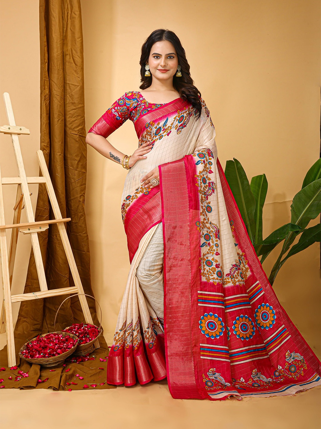 

KAYOMMI Ethnic Motifs Printed Zari Woven Design Banarasi Saree, Cream