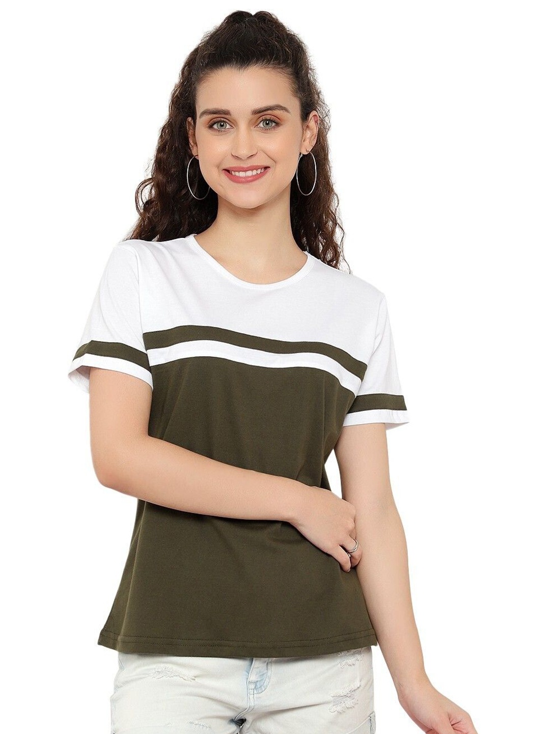 

DEEPMAYRA COLLECTION Women Colourblocked Round Neck Cotton T-shirt, Olive
