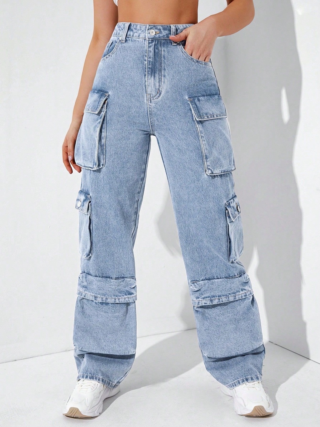

Glossia Nova Women Comfort Wide Leg High-Rise Heavy Fade Acid Wash Stretchable Cargo Jeans, Blue