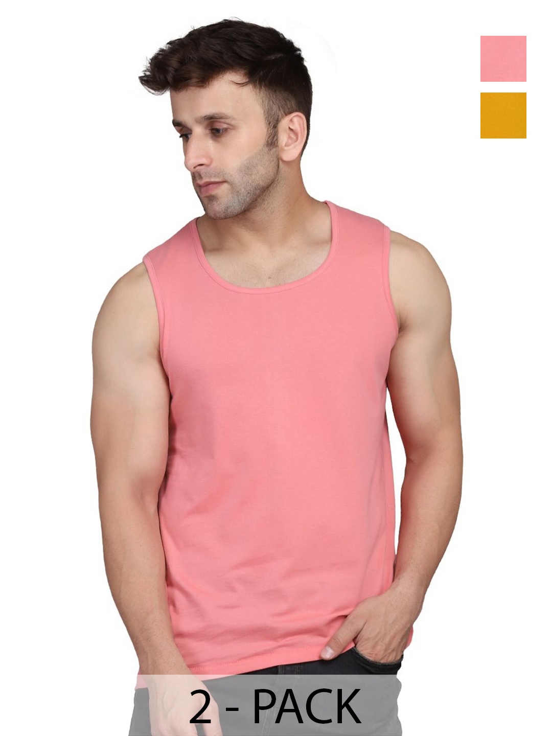 

WOOSTRO Men Pack Of 2 Solid Round Neck Cotton Slim Fit T-shirts, Pink