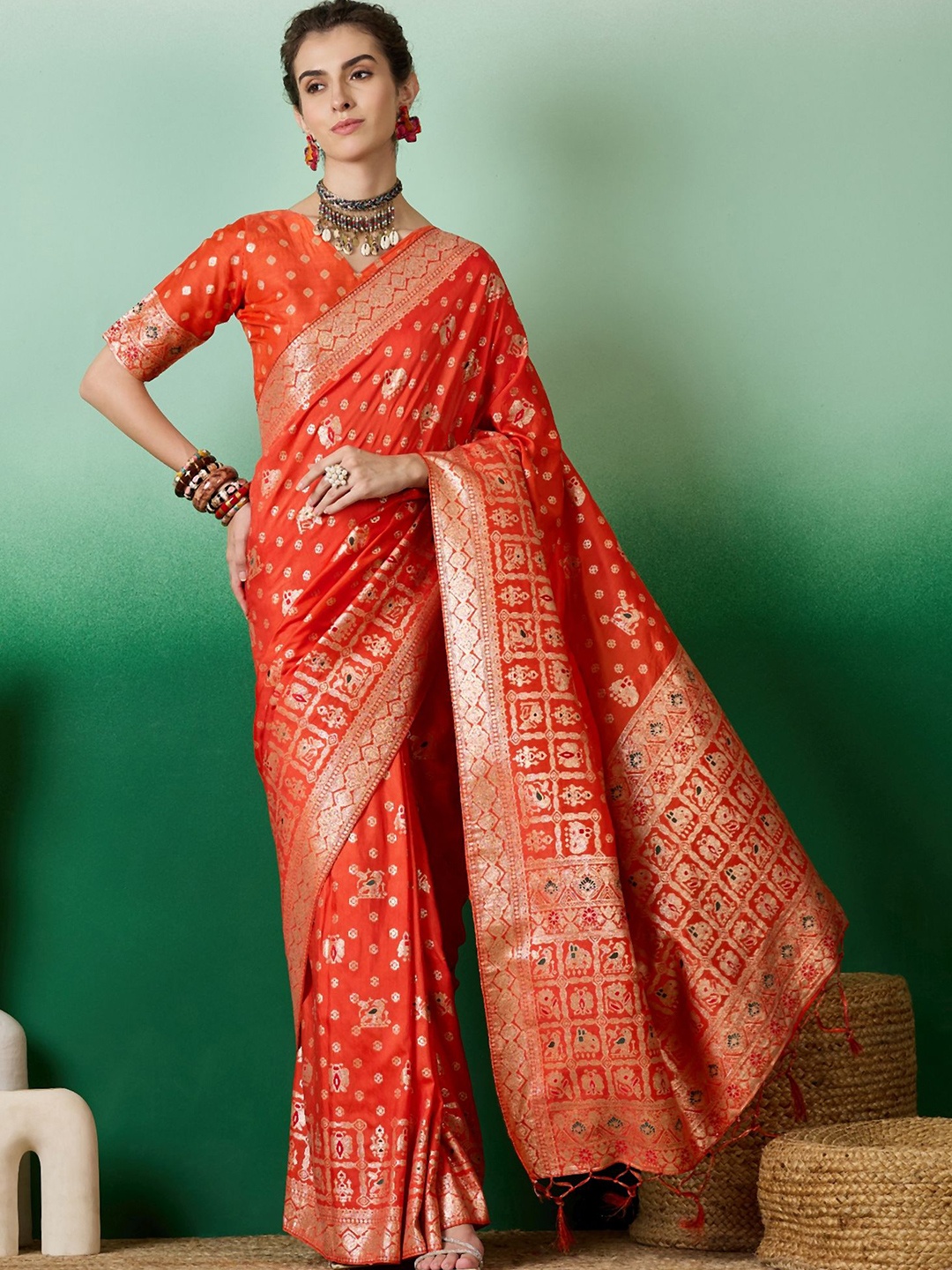 

KIMISHA Woven Design Zari Banarasi Saree, Orange