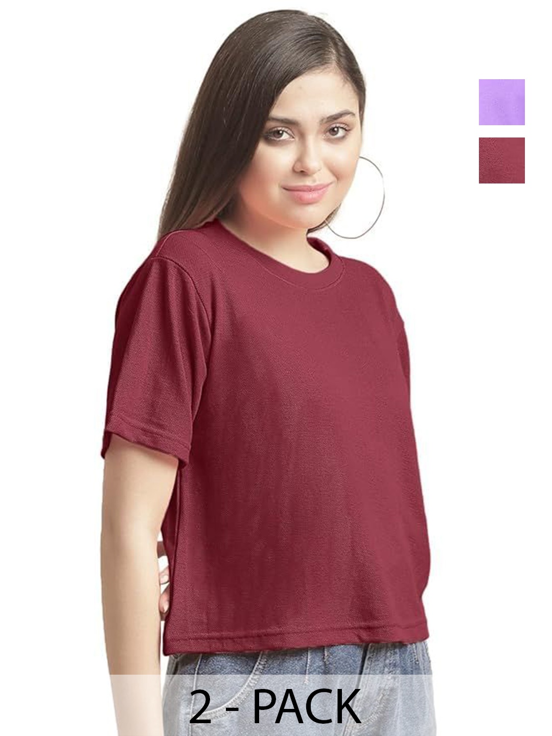 

NOTWILD Women Pack Of 3 Solid Round Neck Cotton T-shirts, Lavender