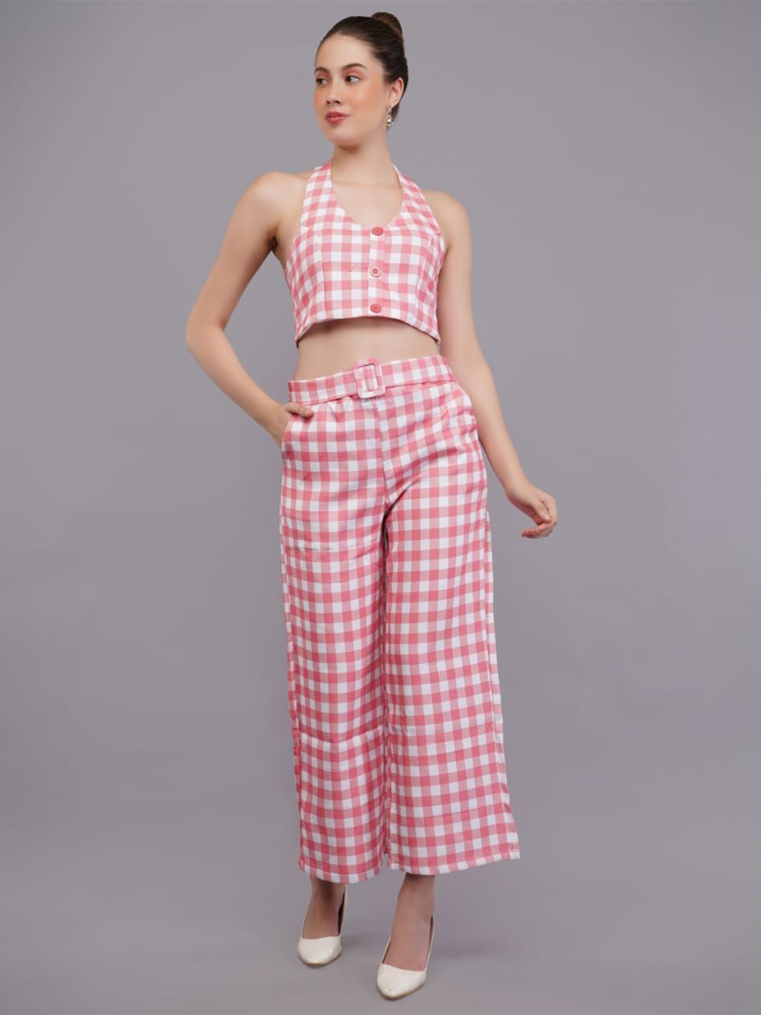 

HIGH BUY Checked Halter Neck Top With Trousers, Pink