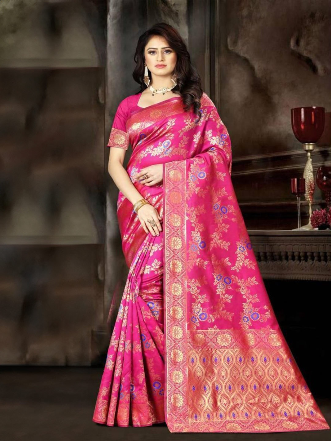 

F FASHION Woven Design Zari Banarasi Saree, Pink