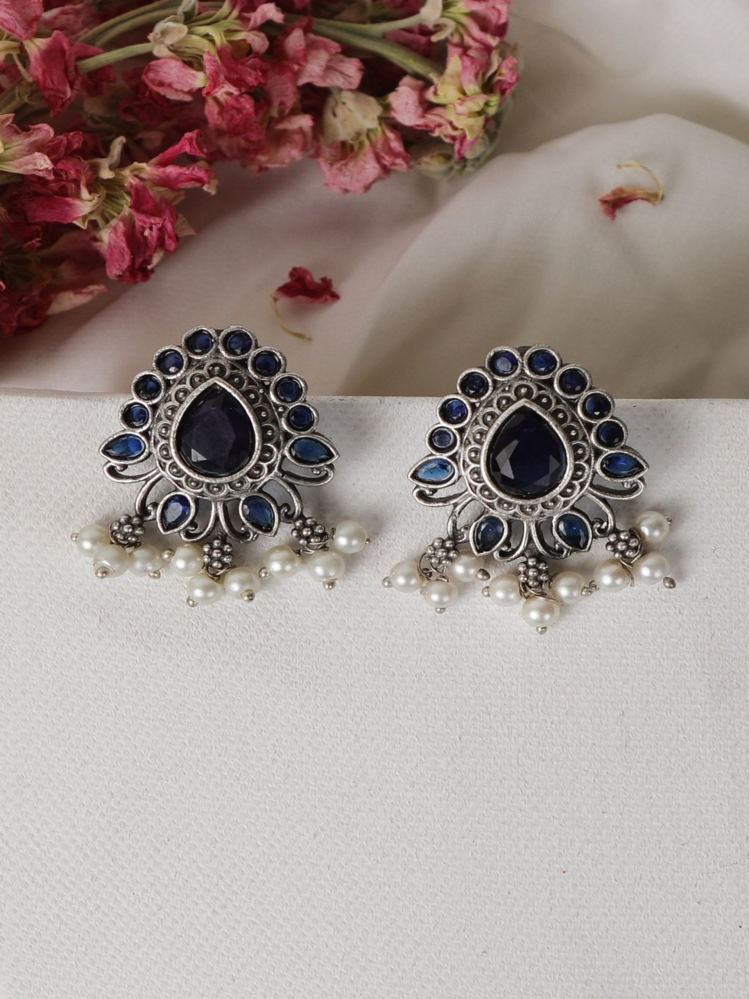 

Saagah German Silver Kundan Stones Studded And Pearls beaded Contemporary Drop Earrings