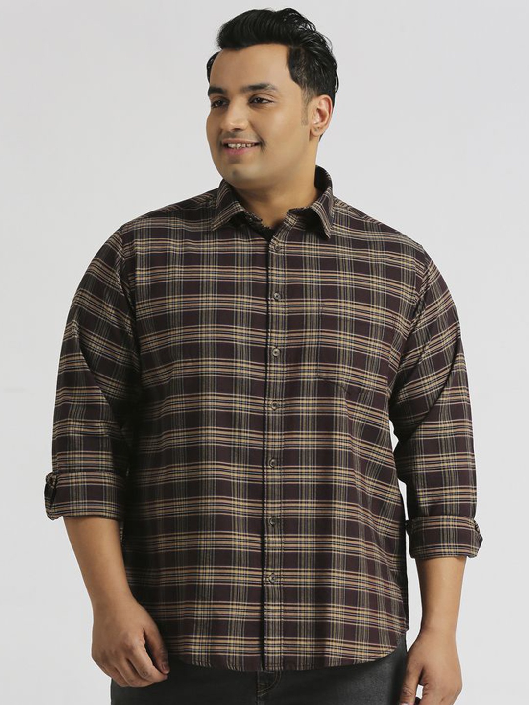 

Sizeupp Men Plus Size Standard Oversized Fit Spread Collar Checked Cotton Casual Shirt, Brown