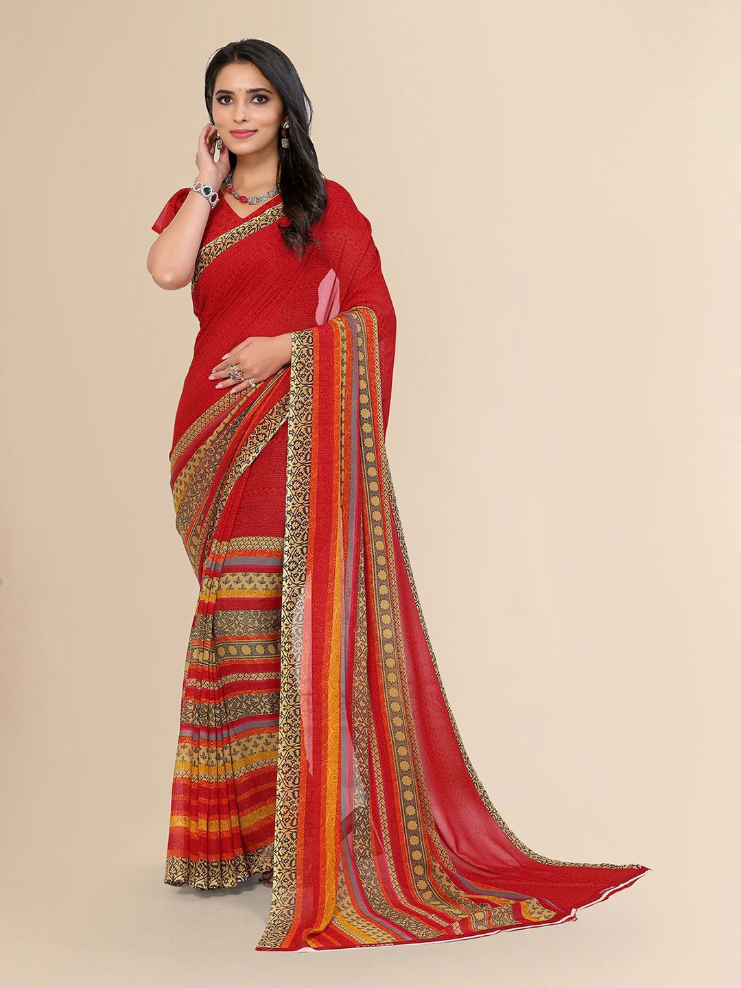 

Moda Rapido Women Printed Saree With Unstiched Blouse Piece, Red