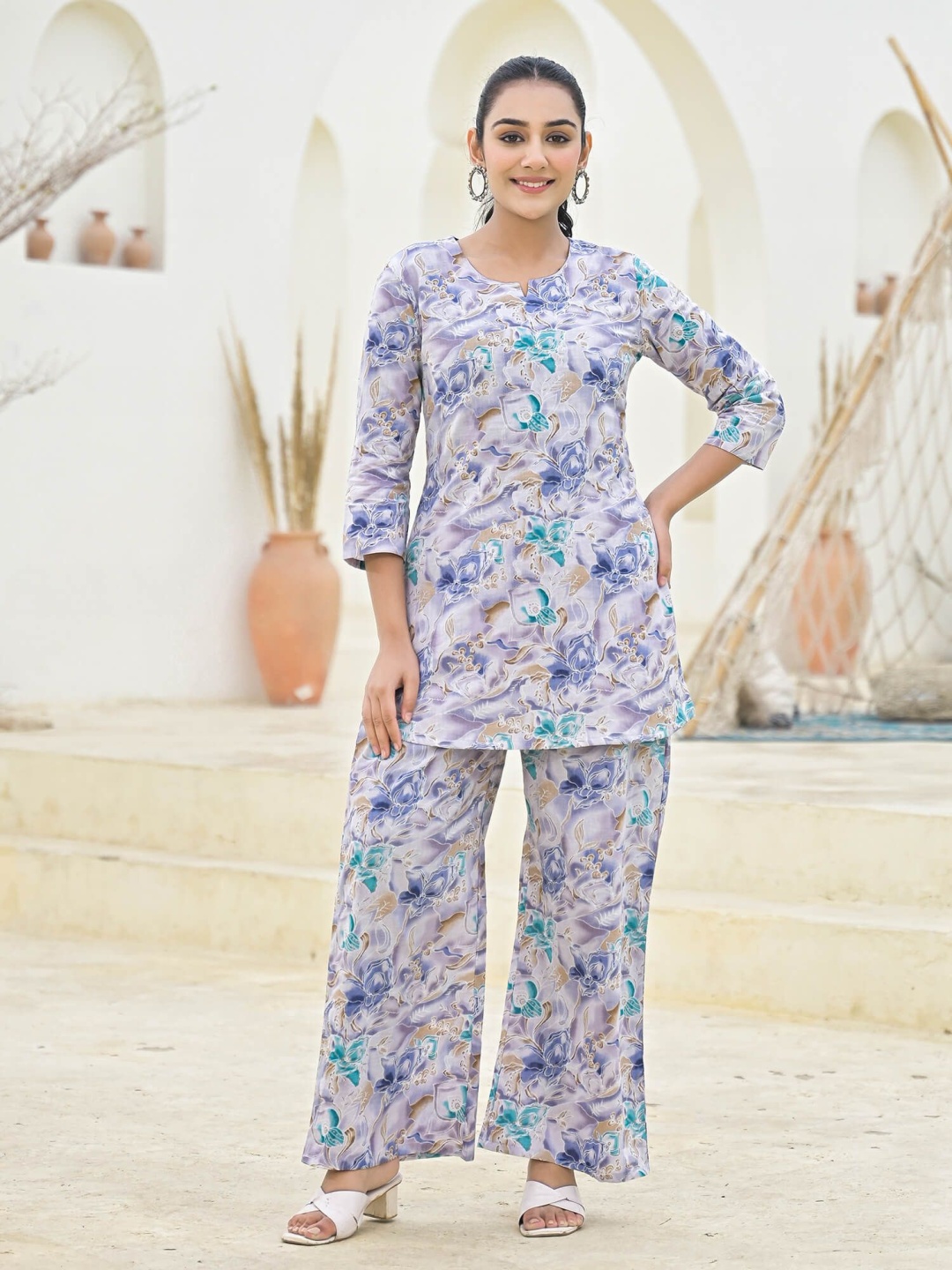 

SHIFORY Floral Printed Pure Cotton Tunic With Palazzo, Purple