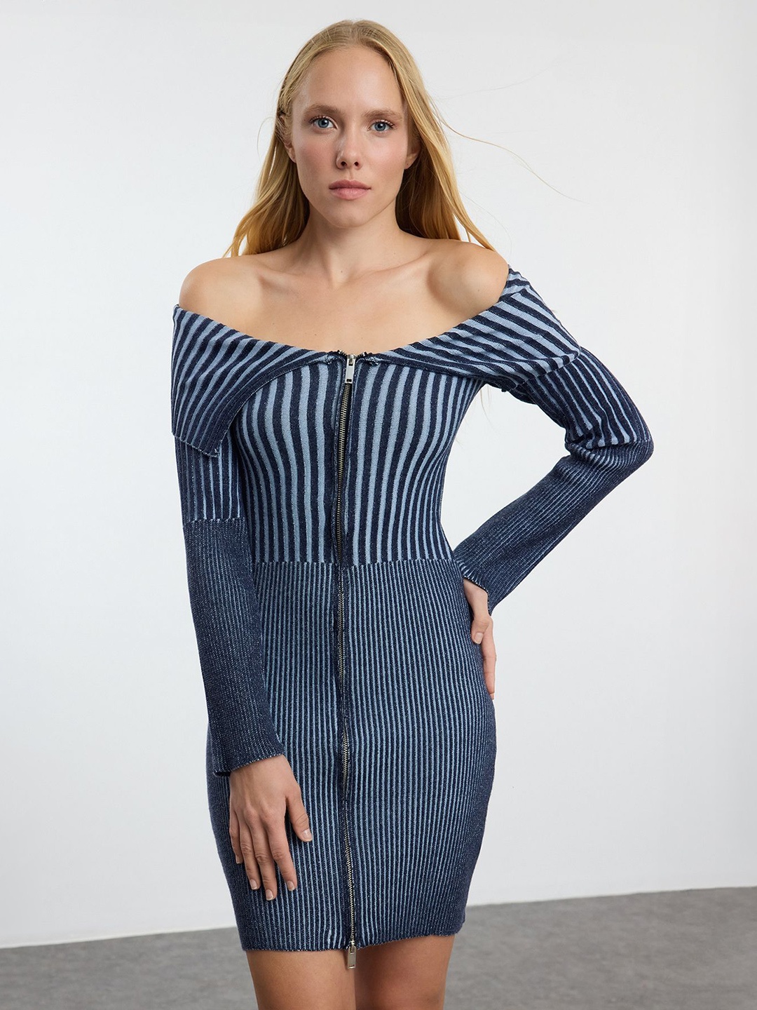 

Trendyol Women Striped Off-Shoulder Bodycon Dress, Na