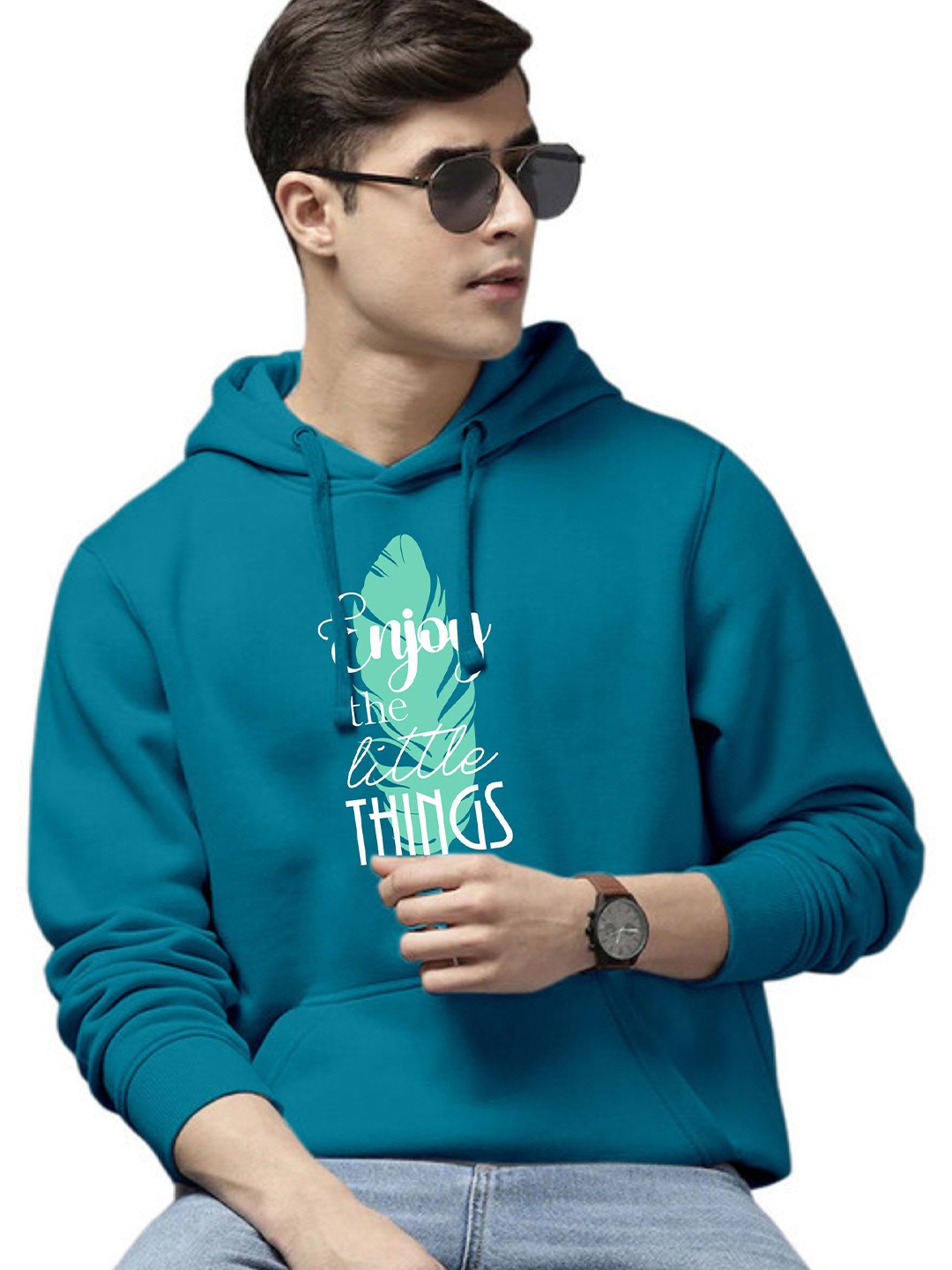 

WOOSTRO Men Printed Hooded Sweatshirt, Teal