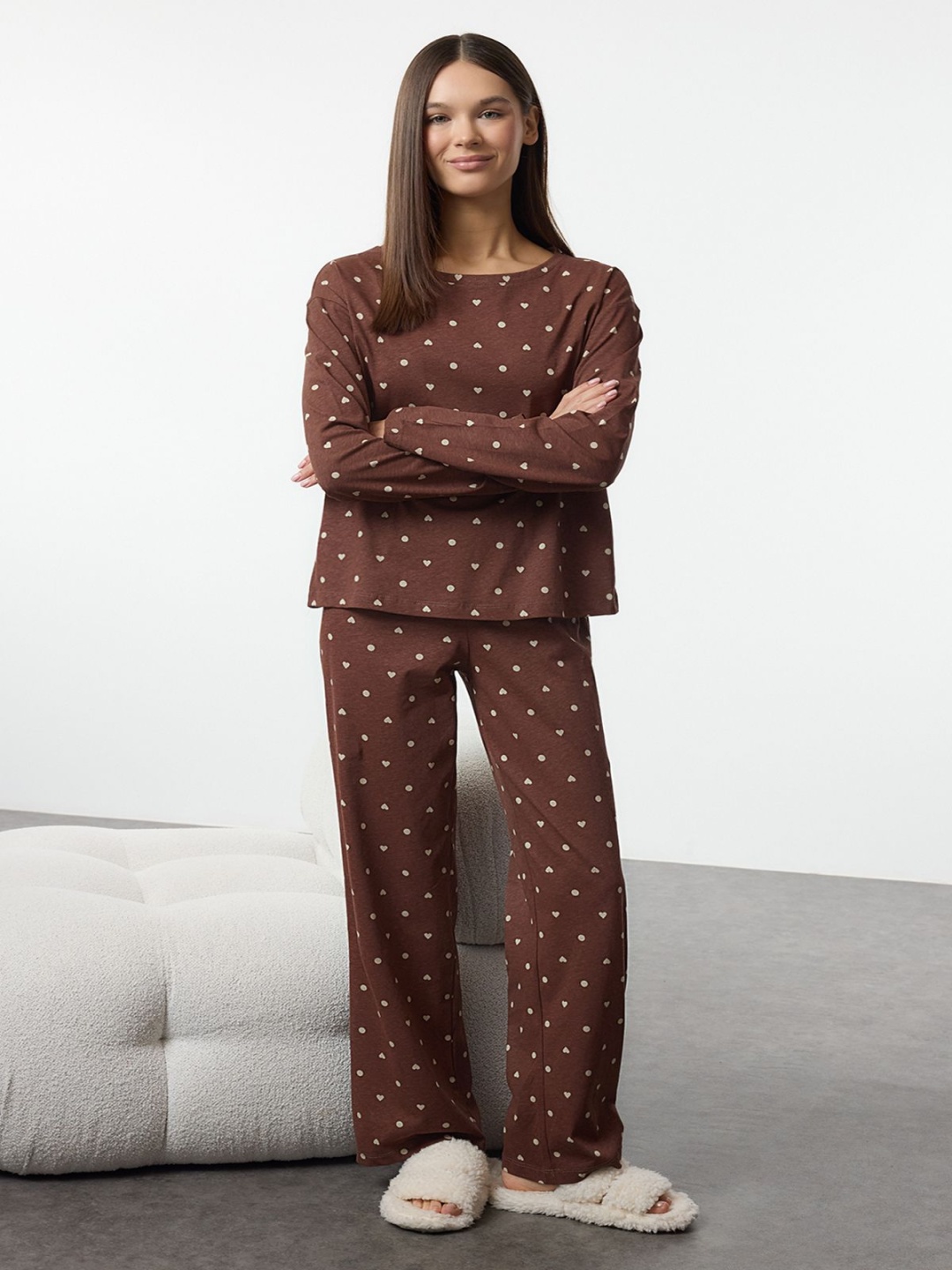 

Trendyol Women Printed Night suit, Brown