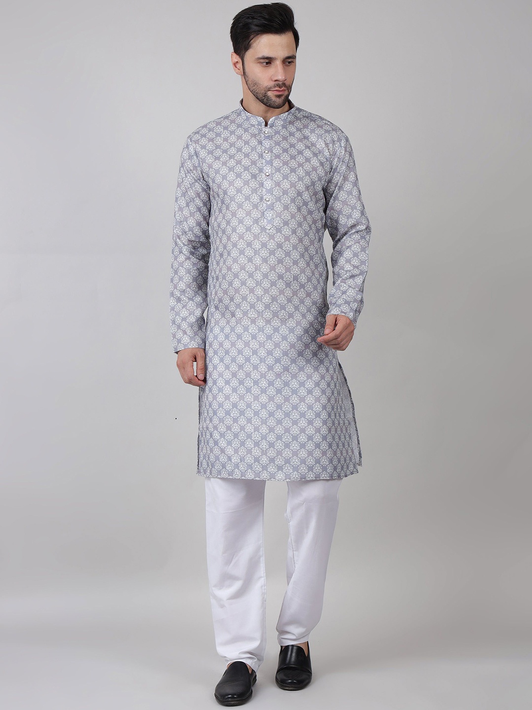 

John Philips Geometric Woven Design Band Collar Straight Kurta, Lavender