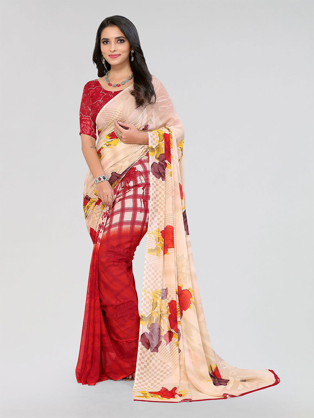 

Moda Rapido Floral Printed Saree With Blouse Piece, Red