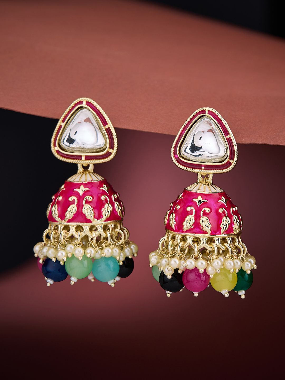 

ATIBELLE Gold-Plated Kundan Stone Studded Contemporary Dome Shaped Jhumkas