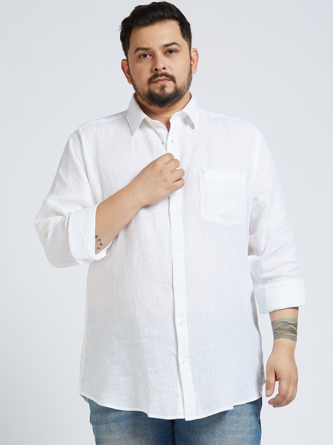 

Sizeupp Men Plus Size Standard Oversized Fit Spread Collar Solid Linen Casual Shirt, White