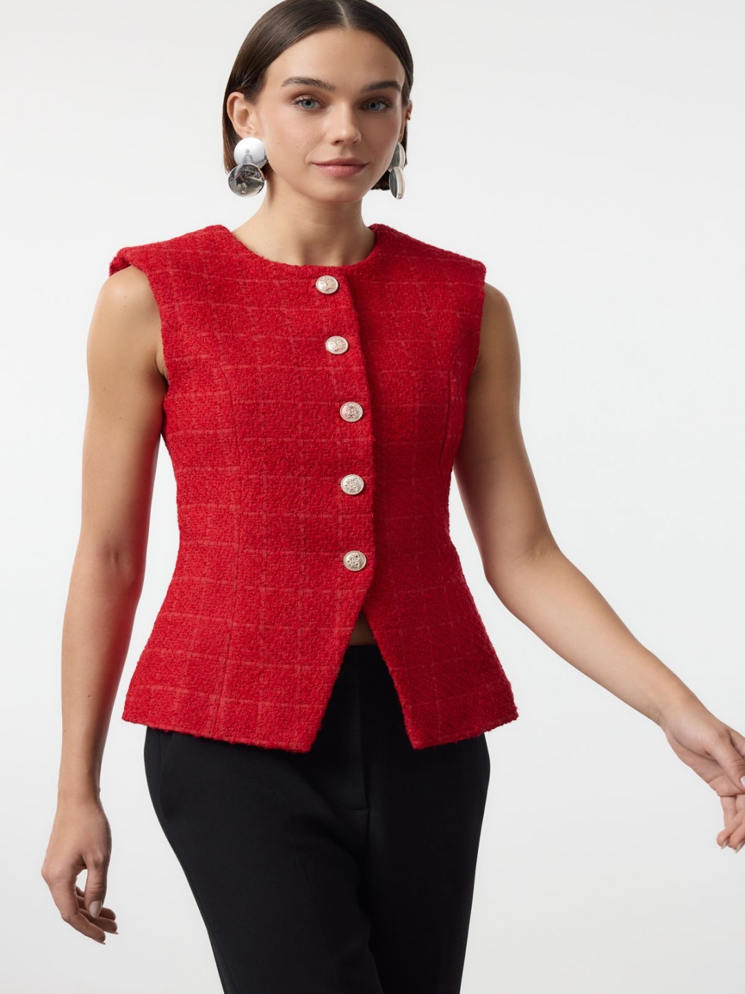 

Trendyol Round Neck Tweed Waistcoat, Red