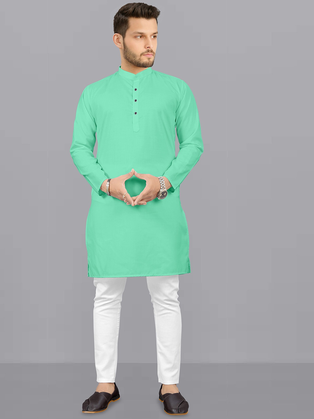 

Fashion FRICKS Band Collar Long Sleeves Straight Kurta with Pyjamas, Sea green