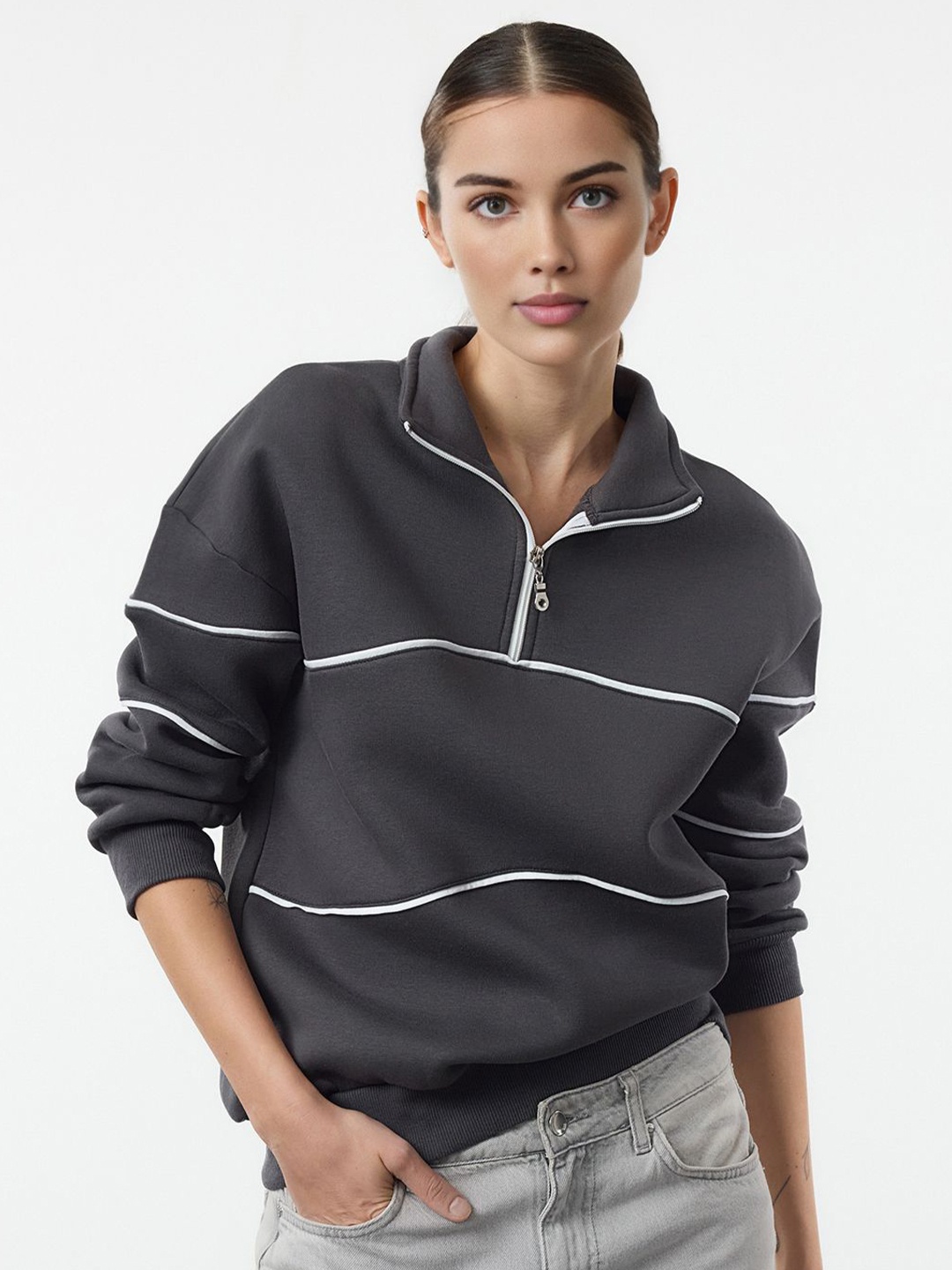 

Trendyol Women Striped Sweatshirt, Grey