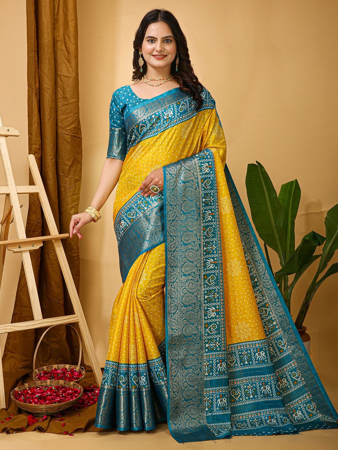 

KALINI Woven Design Bandhani Zari Patola Saree, Yellow