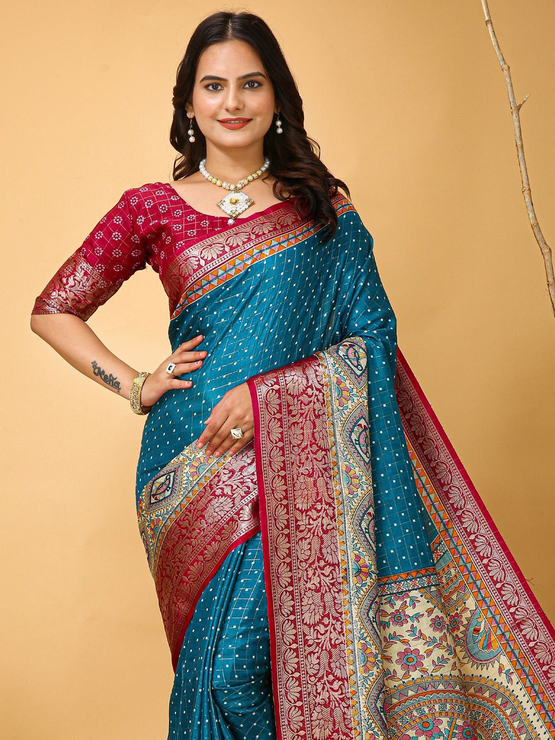

KALINI Kalamkari Zari Sungudi Saree, Blue