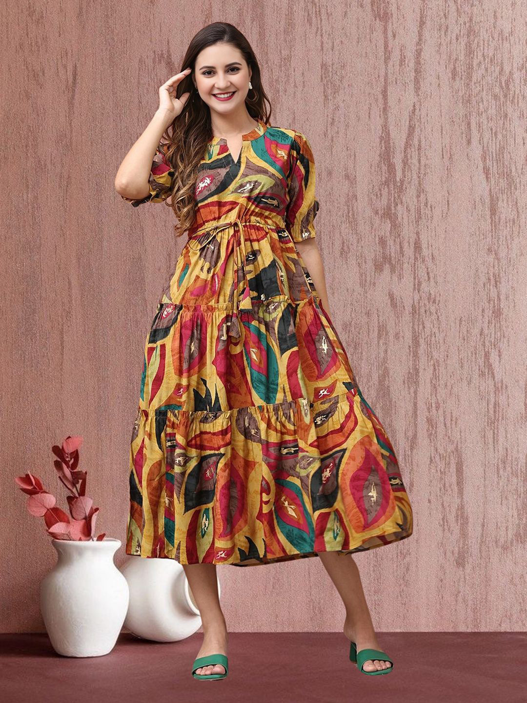 

STARWORD Abstract Printed Mandarin Collar Puff Sleeves Cotton Fit & Flare Midi Dress, Yellow