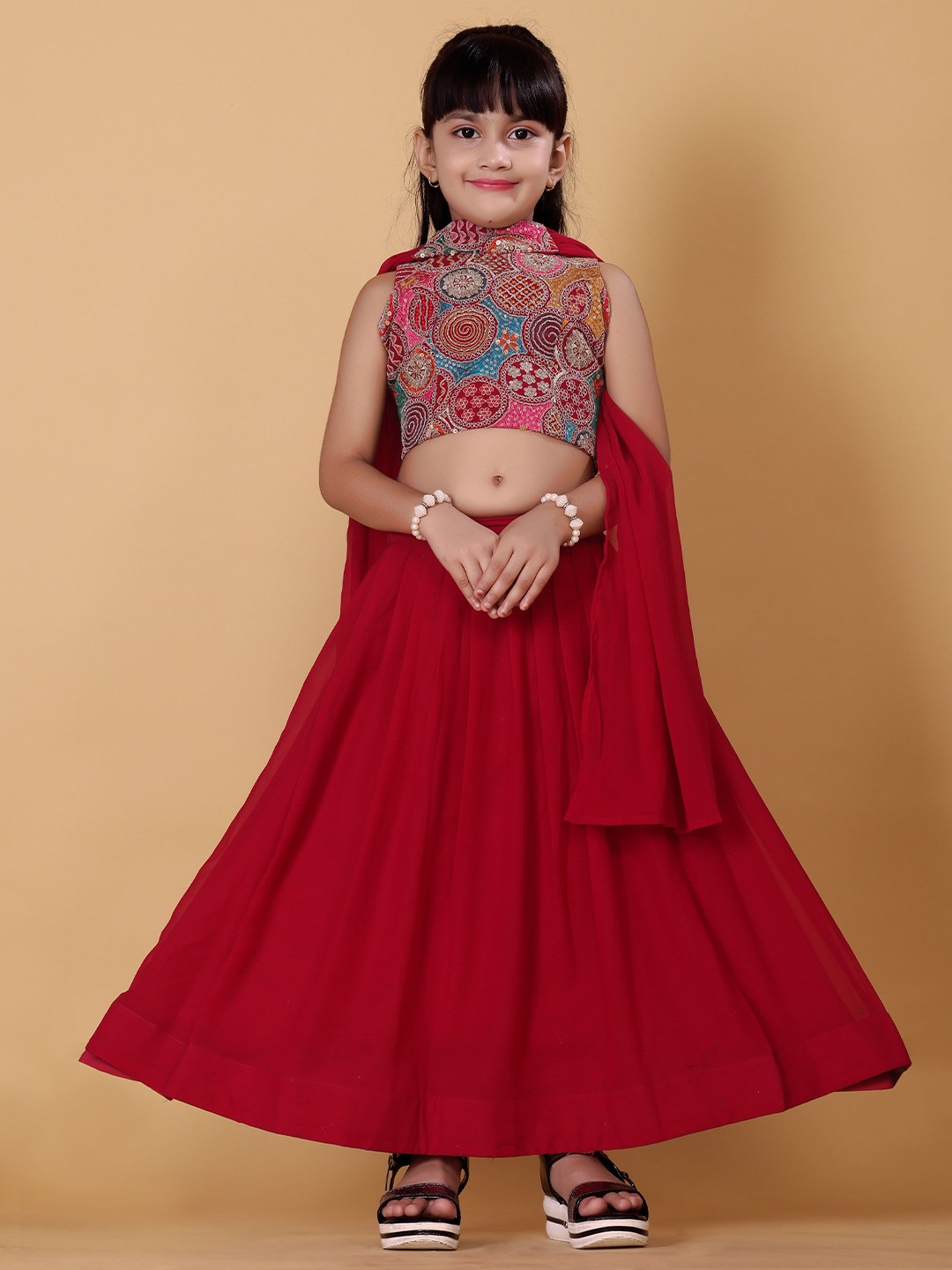 

Kinjo Girls Embroidered Sequinned Ready to Wear Lehenga & Blouse With Dupatta, Pink