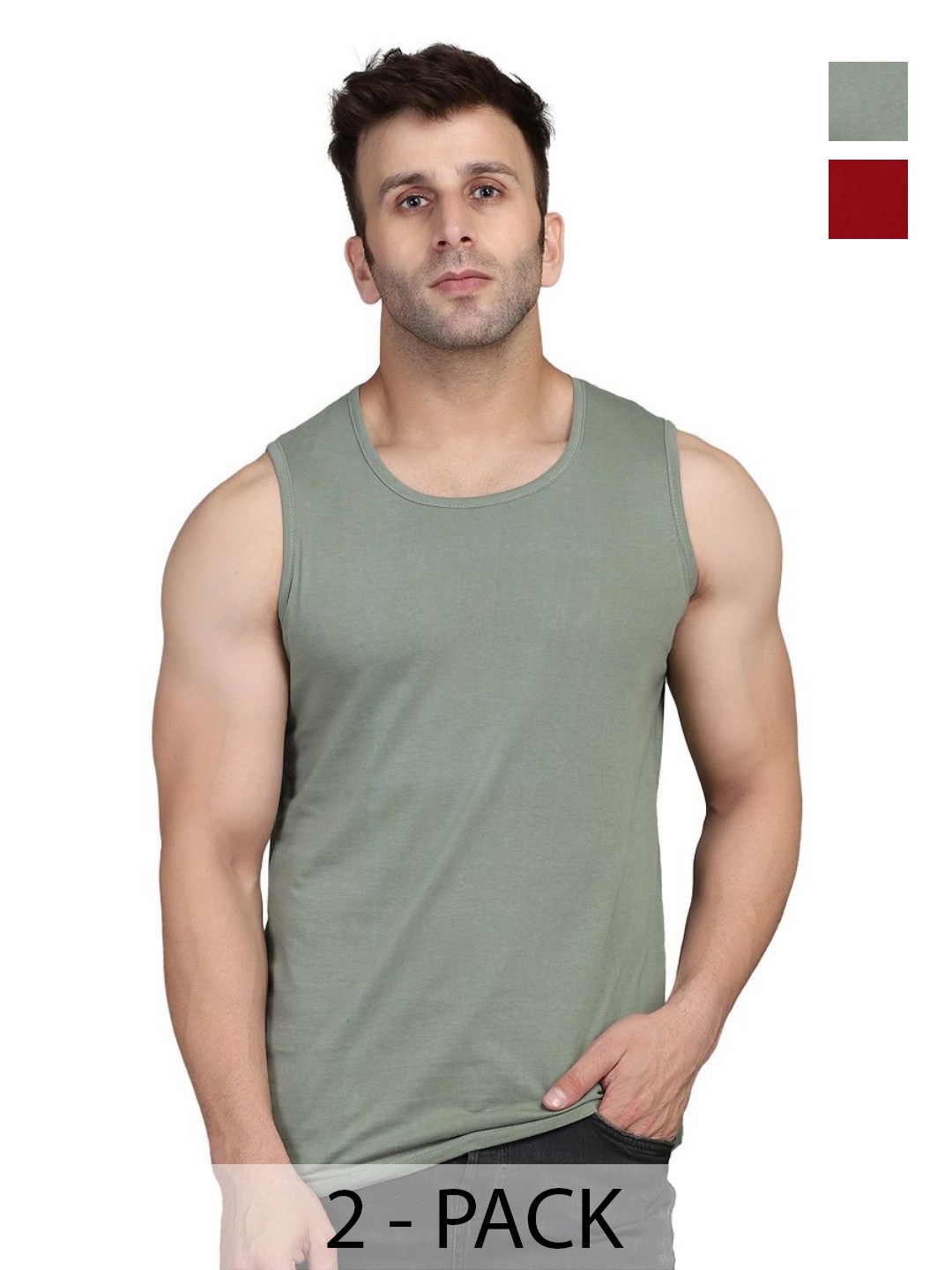 

WOOSTRO Men Pack Of 2 Solid Round Neck Cotton Slim Fit T-shirts, Green