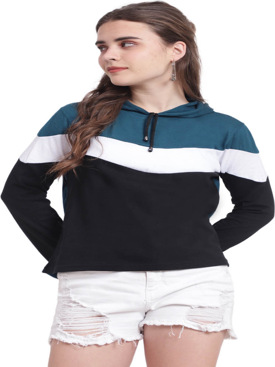 

DEEPMAYRA COLLECTION Women Colourblocked Hood Cotton T-shirt, Black