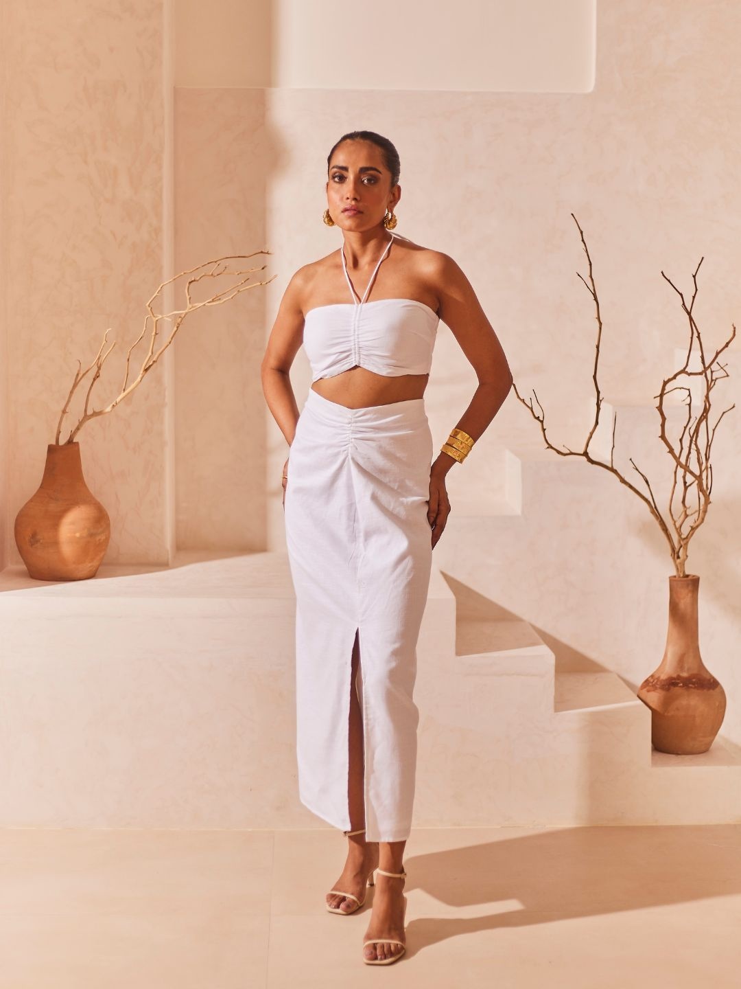 

Urban Suburban White Ruched Linen Midi Skirt