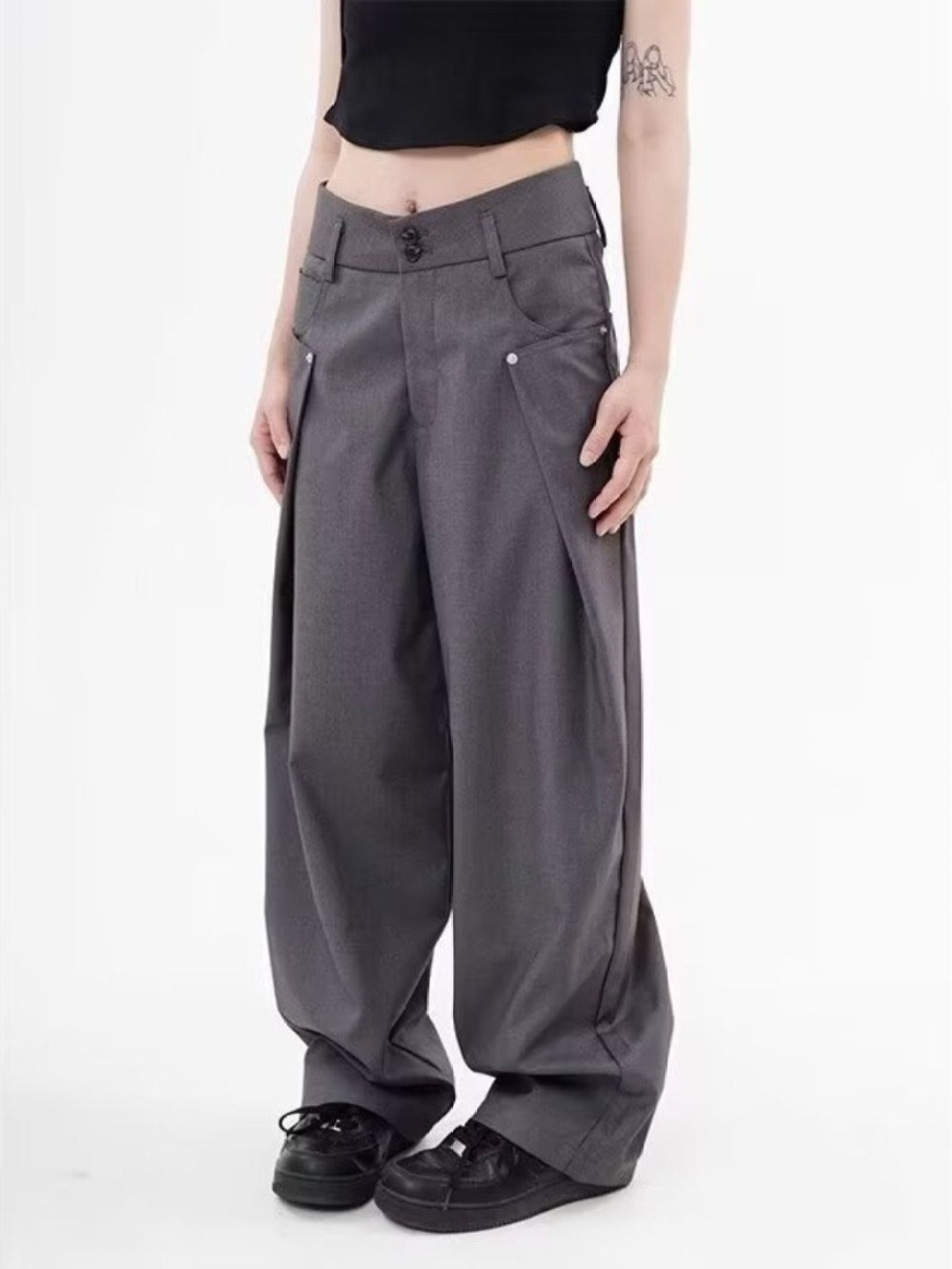 

StyleCast Women Relaxed Fit Mid-Rise Cotton Wide Leg Trousers, Grey