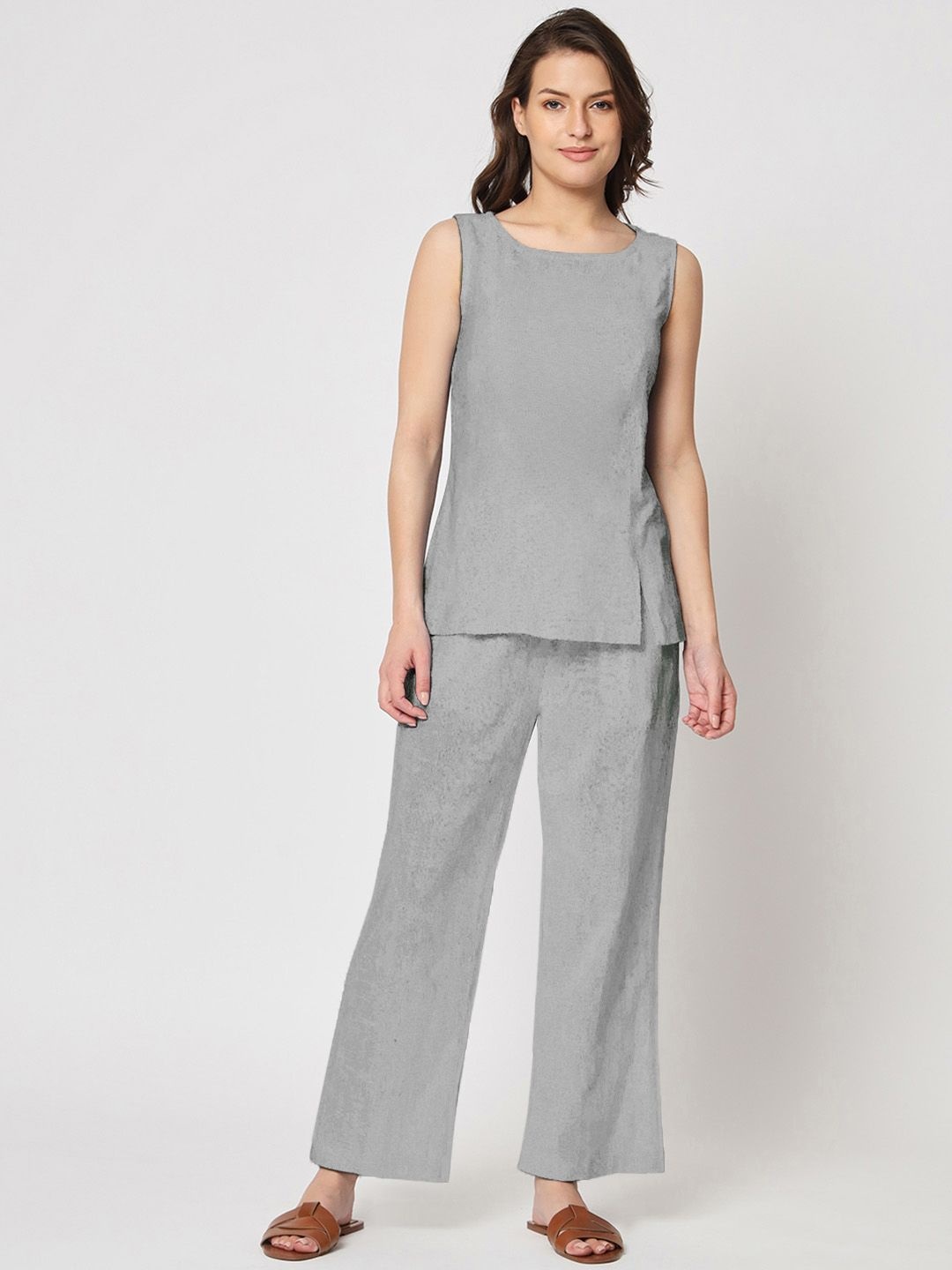 

Thevasa Pure Cotton Sleeveless Top With Trousers, Grey