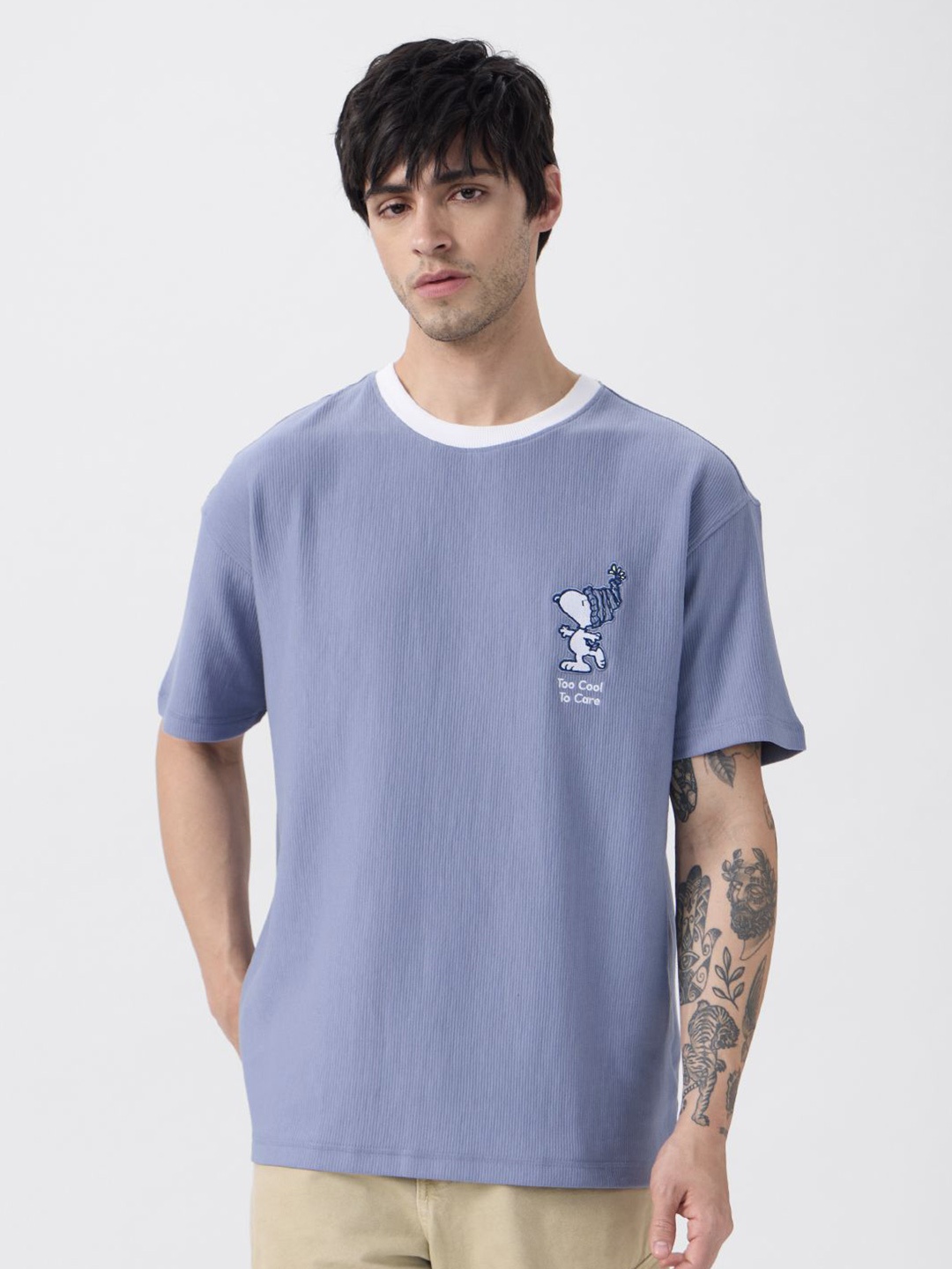 

The Souled Store Men Solid Round Neck Cotton Oversized T-shirt, Lavender