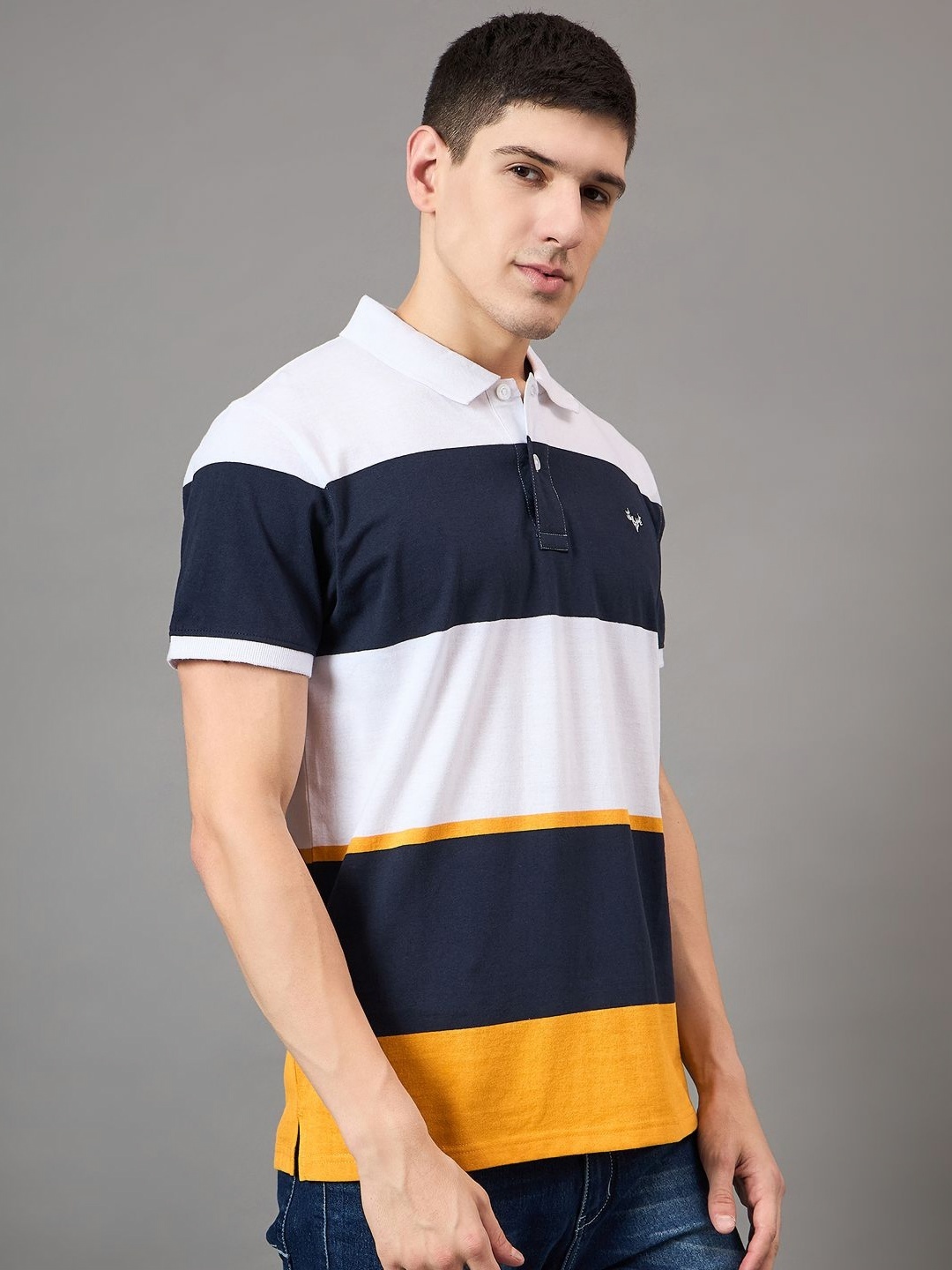 

BRONATION Men Striped Polo Collar Cotton T-shirt, Navy blue