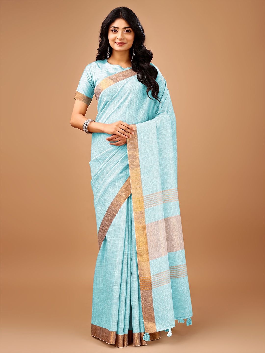 

PURI MAA Zari Linen Blend Kota Saree, Turquoise blue