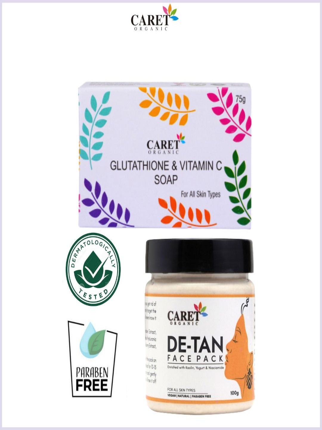 

CARET ORGANIC Set Of 2 Glutathione & Vitamin C Soap With De-Tan Face Pack, Multi